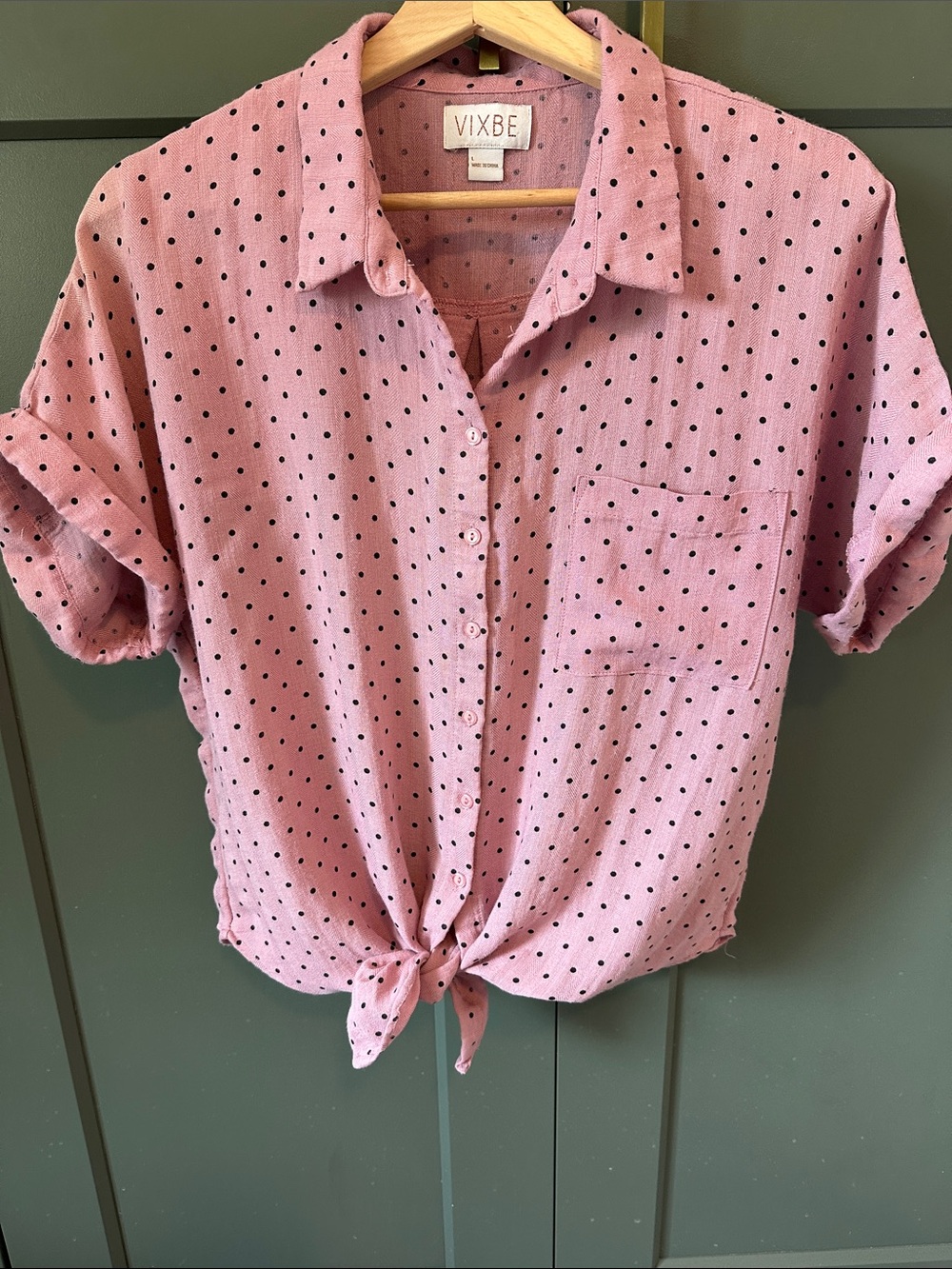 Pink Polka Dot Tie-Front Button Down Shirt
